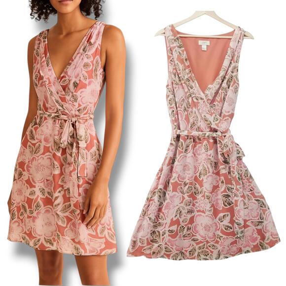 LOFT Dresses & Skirts - Loft Outlet Floral Faux Wrap Dress Womens Large Peach Rose Summer Wedding